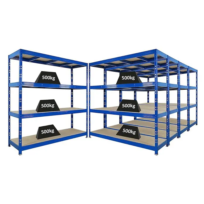 Set Deal 5x Profi Schwerlastregal Rhino 200x200x60cm 4 Böden 500kg Blau -  - Blaue Schwerlastregale aus Metall mit mehreren Böden, jeder mit 500 kg Tragfähigkeit.