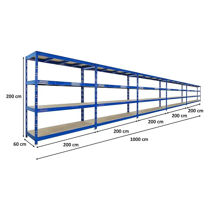 Set Deal 5x Profi Schwerlastregal Rhino 200x200x60cm 4 Böden 500kg Blau -  - Langes blaues Metallregal mit mehreren Böden, 200 cm hoch, 60 cm tief und 1000 cm lang.