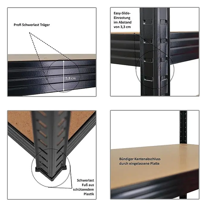 Proregal Schwerlastregal Mega Deal TAURUS - H x B x T: 180 x 160 x 60 cm, Traglast pro Boden: 250 kg, Anzahl Böden: 5 Stk., Stecken, Schwarz