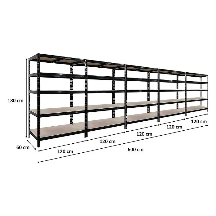 Set Deal 5x Schwerlastregal Tiger 180x120x60cm Fachlast 265kg Schwarz -  - Schwarzes Metallregal, 180x600x60 cm, mit 5 Ebenen.