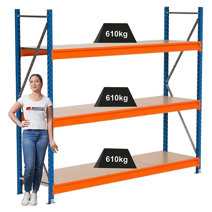 PROREGAL Industrie Weitspannregal Lagerregal MAXIMUS PRO Grundregal HxBxT 200x225x60cm 3 Ebenen, Spanplatten-Fachboden, Fachlast 610 kg Blau/Orange - 