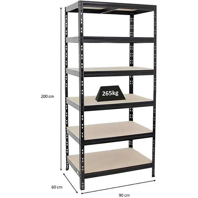 Schwerlastregal Giant Tiger | HxBxT 200x90x60cm |  Fachlast 265kg | 6-Ebenen | Schwarz - 