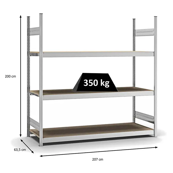 Proregal Schwerlastregal MAGNUS Stecksystem - H x B x T: 200 x 200 x 60 cm, Traglast pro Boden: 350 kg, Anzahl Böden: 3 Stk., Stecken, Verzinkt
