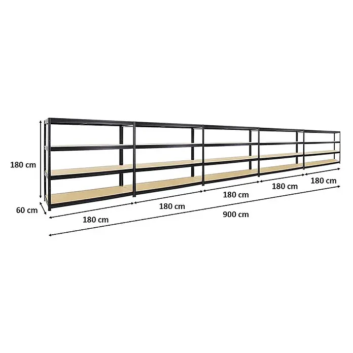Mega Deal | 5x Schwerlastregal DINO | HxBxT 180x180x60cm | 4 MDF-Platten-Ebenen 6,5 mm | Fachlast 500kg | Schwarz - 