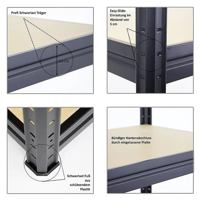 Mega Deal | 4x Schwerlastregal DINO | HxBxT 180x180x60cm | 4 MDF-Platten-Ebenen 6,5 mm | Fachlast 500kg | Schwarz - 