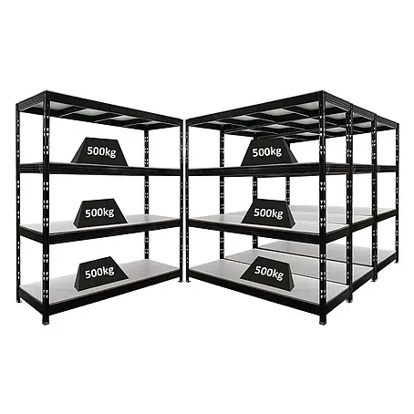 Mega Deal | 4x Profi Schwerlastregal Rhino | HxBxT 200x200x60cm | 4 Melamin-Ebenen 16mm | Fachlast 500kg | Schwarz