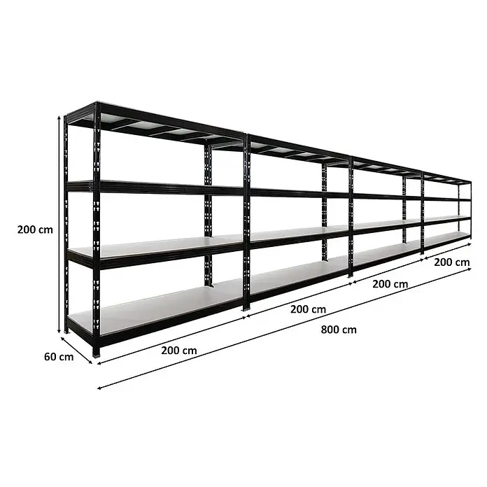 Set Deal 4x Profi Schwerlastregal Rhino 200x200x60cm 4 Böden 500kg Schwarz -  - Langes, schwarzes Metallregal mit mehreren hellen Böden, 200 cm hoch, 60 cm tief und 800 cm lang.