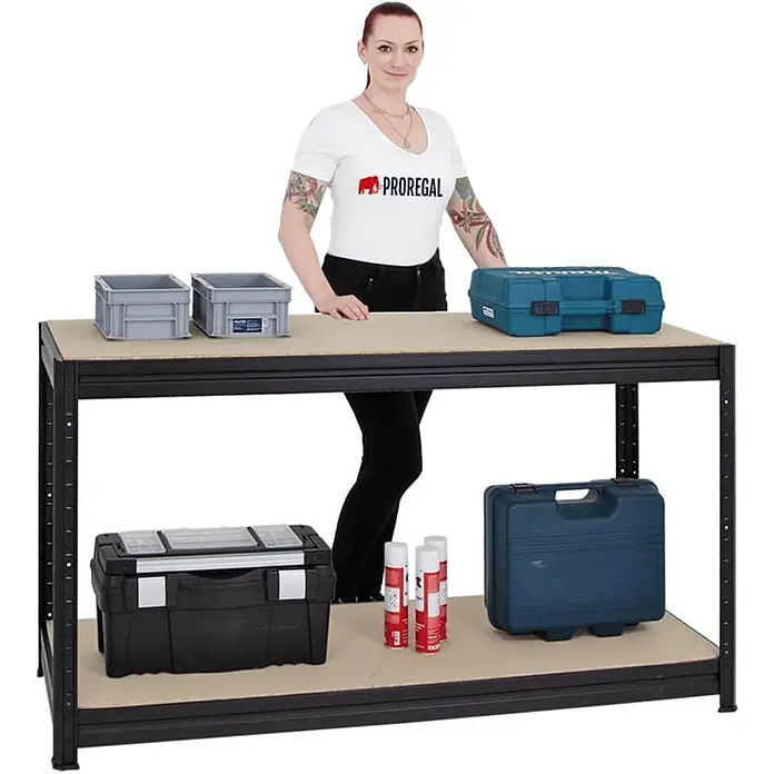 Mega Deal | 4x Schwerlastregal Big Elephant M & 1x Höhenverstellbare Werkbank Big DINO| Fachlast bis zu 600kg | Schwarz - 