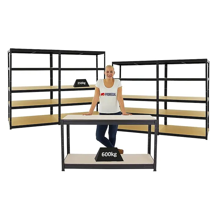 Mega Deal | 4x Schwerlastregal Big Elephant M & 1x Höhenverstellbare Werkbank Big DINO| Fachlast bis zu 600kg | Schwarz - 