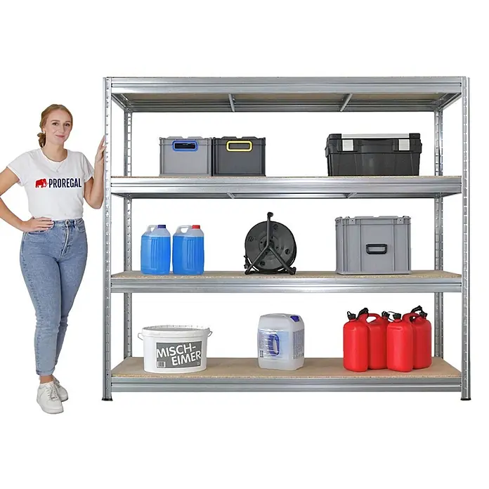 Schwerlastregal DINO | HxBxT 180x200x60cm | 4 Spanplatten-Ebenen 16mm | Fachlast 500kg | Verzinkt - 