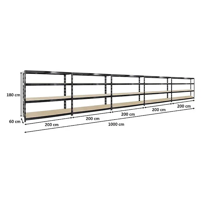Mega Deal | 5x Profi Schwerlastregal Rhino | HxBxT 180x200x60cm | 4 Spanplatten-Ebenen 16mm | Fachlast 500kg | Schwarz - 