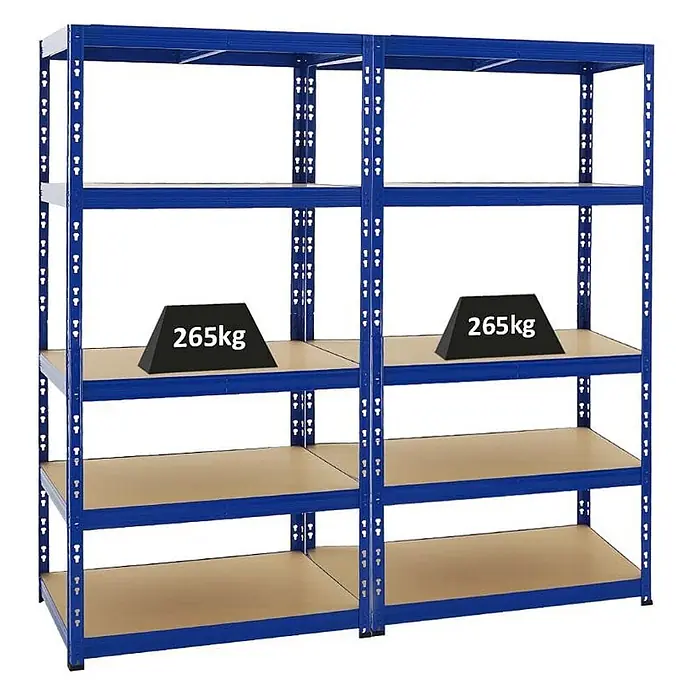 Mega Deal | 2x Schwerlastregal Tiger | HxBxT 180x90x60 cm |  Fachlast 265kg | Blau -  - Zwei blaue Metallregale mit Holzablagen, jedes Fach für 265kg Schwerlast geeignet.