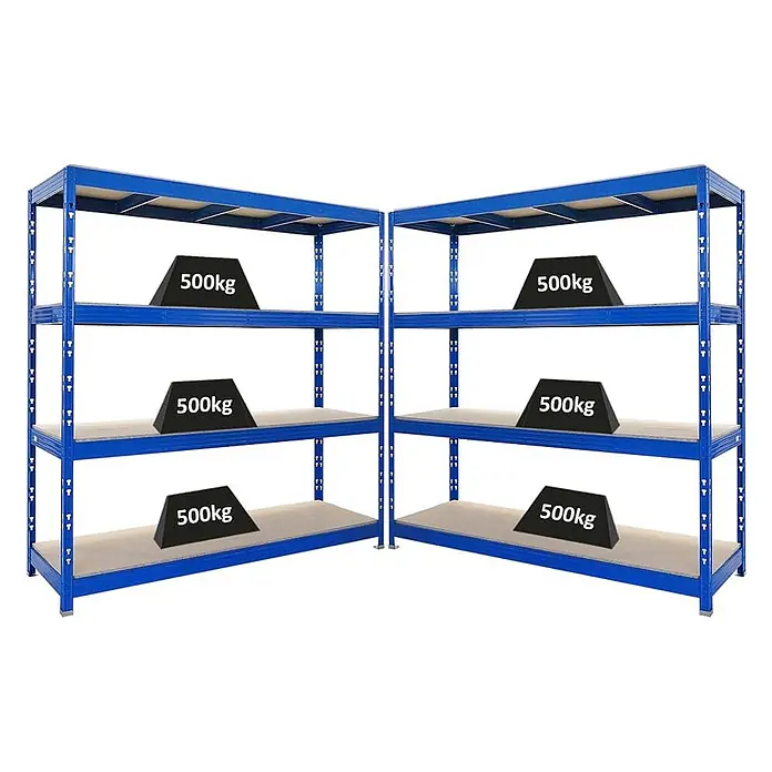 Mega Deal | 2x Profi Schwerlastregal Rhino | HxBxT 200x200x60cm | 4 Spanplatten-Ebenen 16mm | Fachlast 500kg | Blau - 