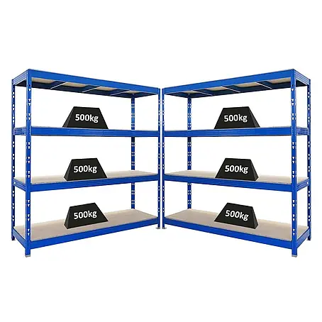 Mega Deal | 2x Profi Schwerlastregal Rhino | HxBxT 200x200x60cm | 4 Spanplatten-Ebenen 16mm | Fachlast 500kg | Blau