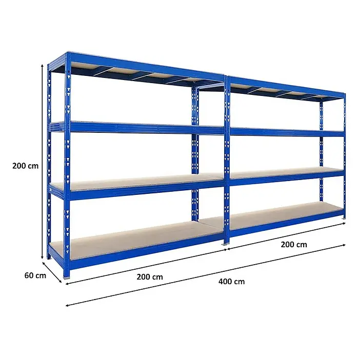 Mega Deal | 2x Profi Schwerlastregal Rhino | HxBxT 200x200x60cm | 4 Spanplatten-Ebenen 16mm | Fachlast 500kg | Blau - 