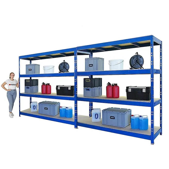 Mega Deal | 2x Profi Schwerlastregal Rhino | HxBxT 200x200x60cm | 4 Spanplatten-Ebenen 16mm | Fachlast 500kg | Blau - 