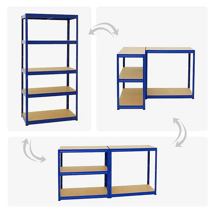 Mega Deal | 2x Schwerlastregal Slim Elephant S | HxBxT 180x90x45 cm | 5 Ebenen | Fachlast 350 kg | Blau -  - Vielseitiges blaues Metallregal mit Holzregalböden, umbaubar als hohes 5-Böden-Regal oder zwei niedrigere Werkbänke.