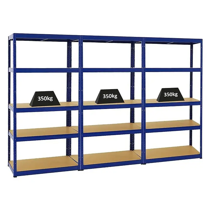 Mega Deal | 3x Schwerlastregal Slim Elephant S | HxBxT 180x90x45 cm | 5 Ebenen | Fachlast 350 kg | Blau -  - Drei blaue Metallregale mit Holzablagen, jede Ablage mit einer Traglast von 350 kg gekennzeichnet.