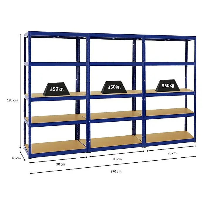 Mega Deal | 3x Schwerlastregal Slim Elephant S | HxBxT 180x90x45 cm | 5 Ebenen | Fachlast 350 kg | Blau -  - Modulares blaues Metallregal mit Holzablagen, 270 cm breit, 180 cm hoch, 45 cm tief, jede Ablage trägt bis zu 350 kg.