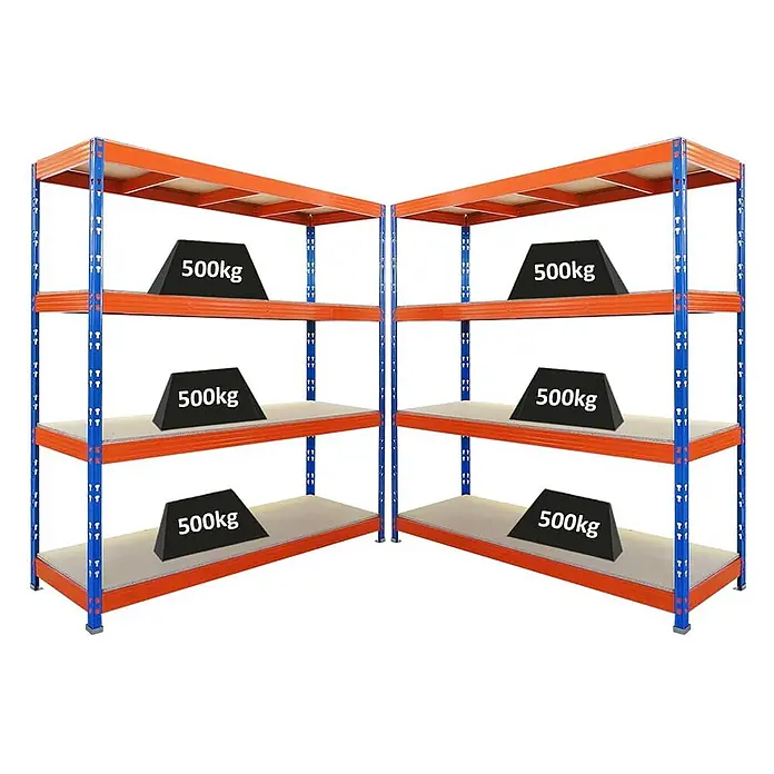 Mega Deal | 2x Profi Schwerlastregal Rhino | HxBxT 200x200x60cm | 4 Spanplatten-Ebenen 16mm | Fachlast 500kg | Blau-Orange - 