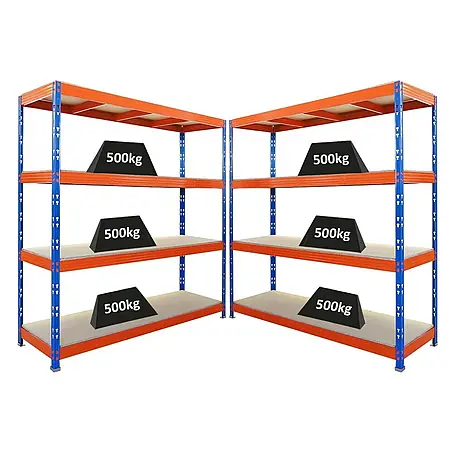Mega Deal | 2x Profi Schwerlastregal Rhino | HxBxT 200x200x60cm | 4 Spanplatten-Ebenen 16mm | Fachlast 500kg | Blau-Orange