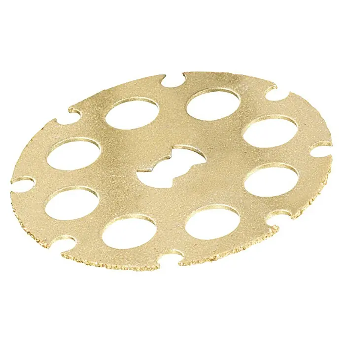 Dremel EZ SpeedClic Trennscheibe SC 544 - Ø x S: 38 x 1 mm, Bohrung: 3,2 mm - Nahaufnahme einer goldenen Trennscheibe mit Löchern, ideal für präzise Schneidarbeiten.