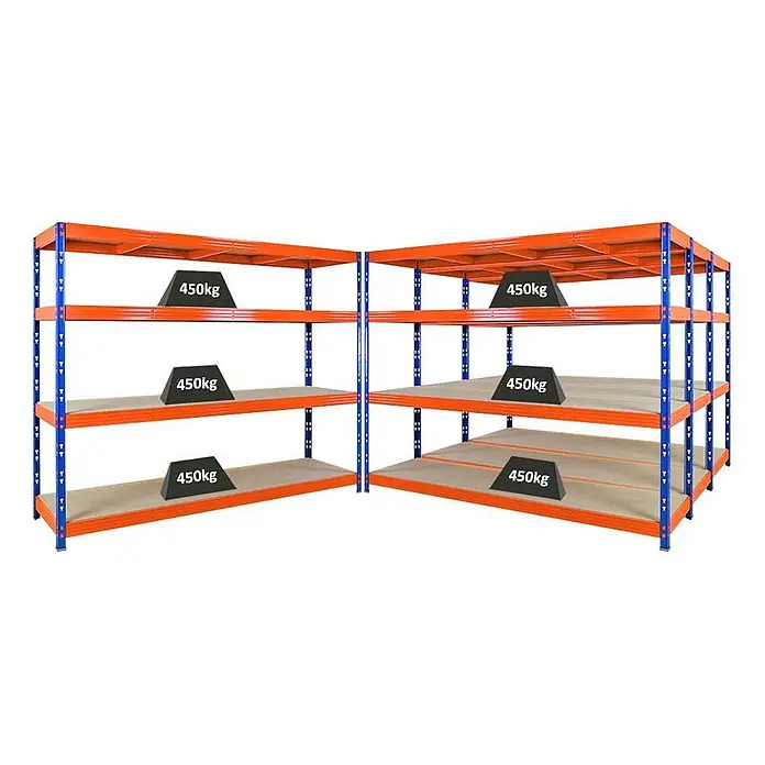 MegaDeal 4xProfi Schwerlastregal Rhino 180x240x60 4 Böden 450kg Blau/Orange -  - Blau-orange Schwerlast-Eckregal mit grauen Böden, das 450kg Tragkraft pro Boden zeigt.