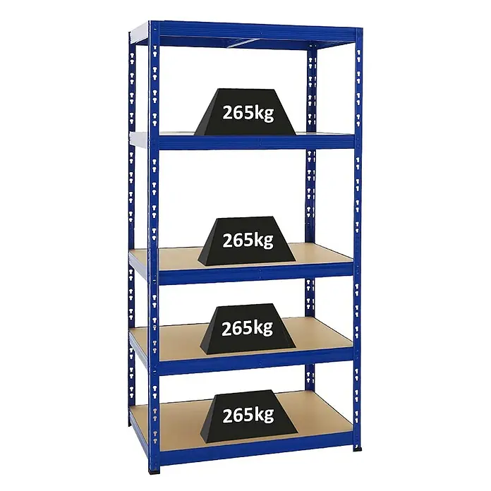 Schwerlastregal Tiger | HxBxT 180x90x60 cm |  Fachlast 265kg | Blau -  - Blaues Metallregal mit vier Holzablagen, jede mit 265 kg Last, für hohe Tragfähigkeit.