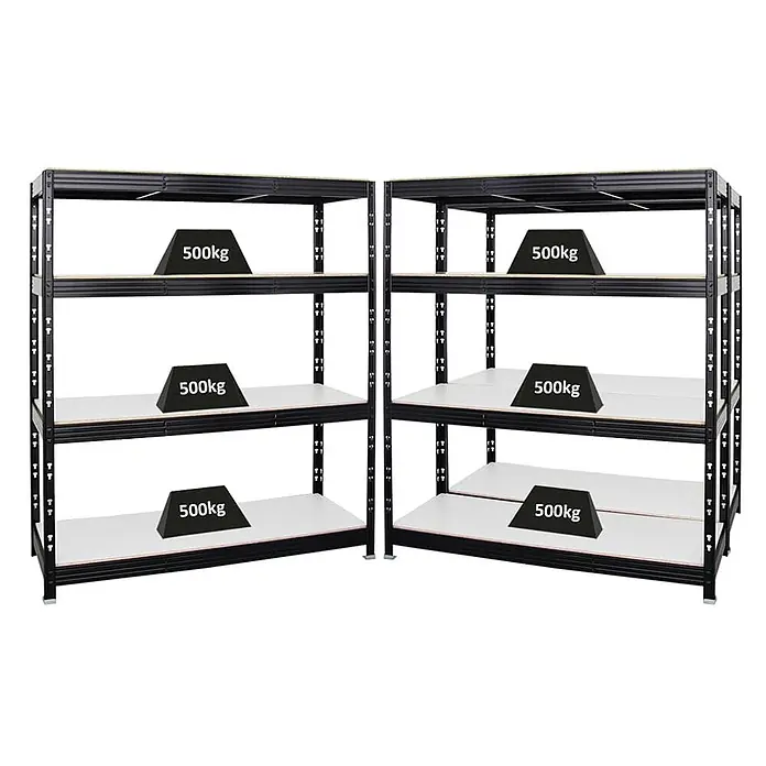 Set Deal 3x Profi Schwerlastregal Rhino 180x160x60cm 4 Böden 500kg Schwarz -  - Zwei schwarze Schwerlastregale aus Metall mit je drei weißen Böden, die eine Traglast von 500 kg pro Boden anzeigen.