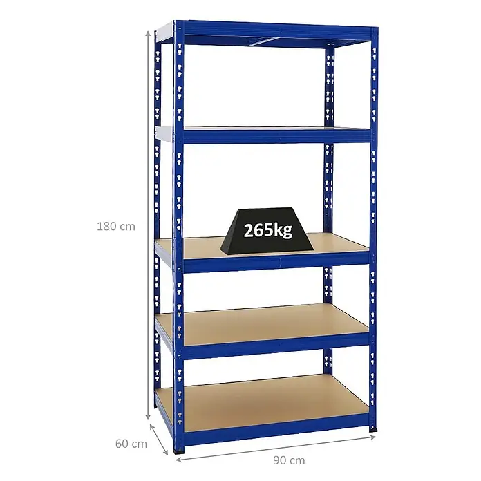 Schwerlastregal Tiger | HxBxT 180x90x60 cm |  Fachlast 265kg | Blau -  - Blaues 5-Boden-Metallregal, 180x90x60 cm (HxBxT), mit 265kg Traglast pro Boden.