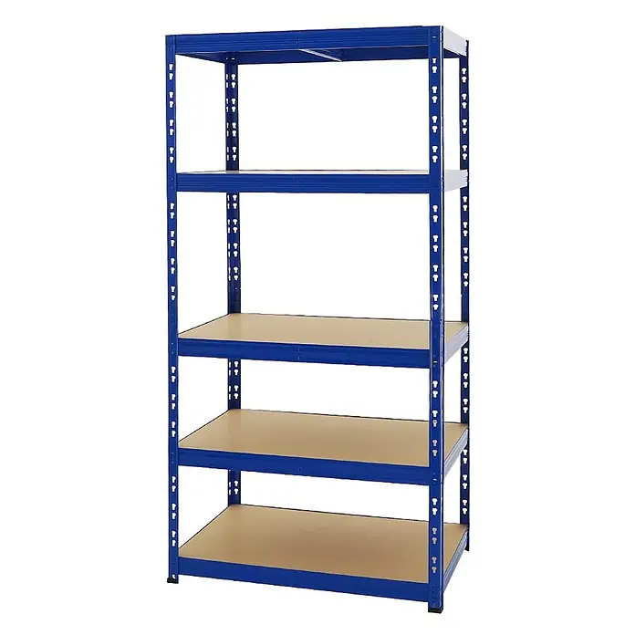 Schwerlastregal Tiger | HxBxT 180x90x60 cm |  Fachlast 265kg | Blau -  - Blaues Metallregal mit fünf hellbraunen Holzablagen zur Aufbewahrung.
