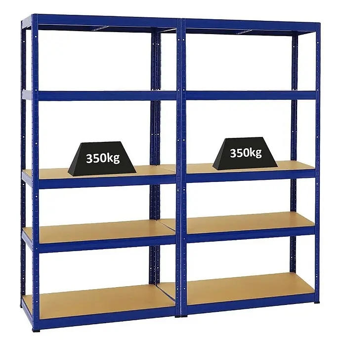 Mega Deal | 2x Schwerlastregal Slim Elephant S | HxBxT 180x90x45 cm | 5 Ebenen | Fachlast 350 kg | Blau -  - Zwei blaue Schwerlastregale aus Metall mit Holzböden, jedes Fach für 350 kg ausgelegt.