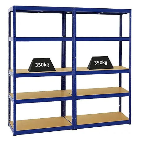 Mega Deal | 2x Schwerlastregal Slim Elephant S | HxBxT 180x90x45 cm | 5 Ebenen | Fachlast 350 kg | Blau