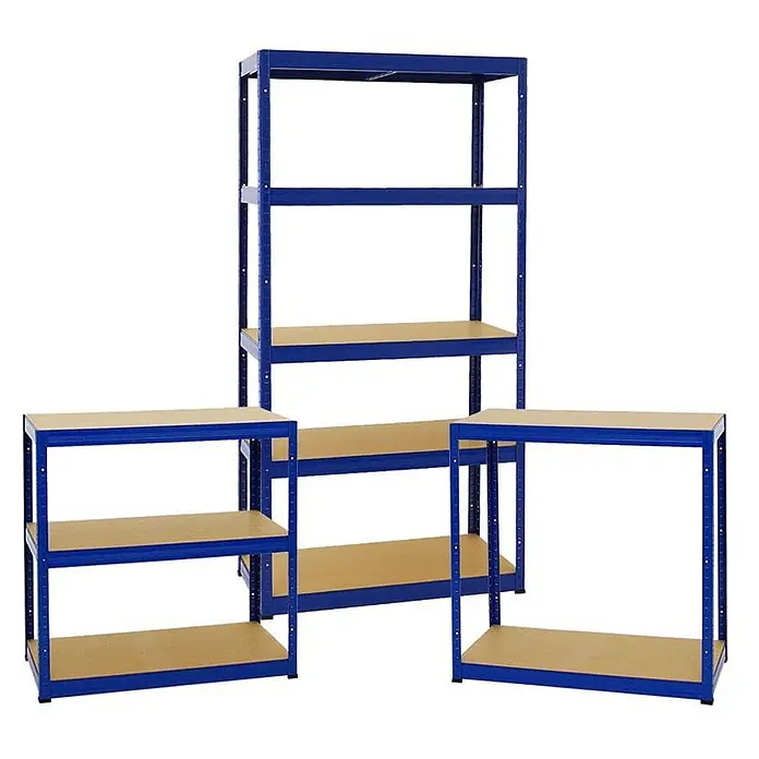 Mega Deal | 2x Schwerlastregal Slim Elephant S | HxBxT 180x90x45 cm | 5 Ebenen | Fachlast 350 kg | Blau -  - Blaue Metallregale mit hellbraunen Holzablagen, in verschiedenen Konfigurationen für die Lagerung dargestellt.
