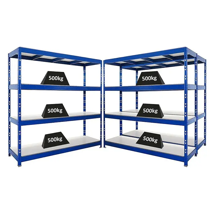 Set Deal 3x Profi Schwerlastregal Rhino 200x200x60cm 4 Böden 500kg Blau -  - Zwei blaue Schwerlast-Metallregaleinheiten, jede mit drei Böden, demonstrierend 500kg Traglast pro Boden.