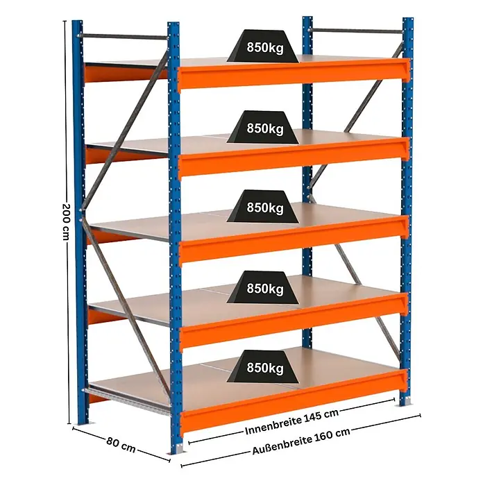 PROREGAL Industrie Weitspannregal Lagerregal MAXIMUS PRO Grundregal HxBxT 200x150x80cm 5 Ebenen, Spanplatten-Fachboden, Fachlast 850 kg Blau/Orange - 