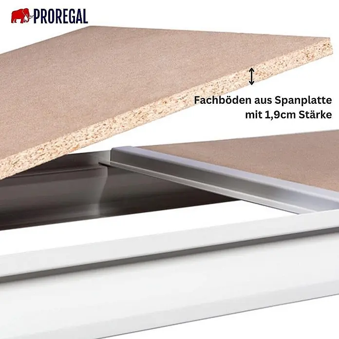 Weitspannregal MAXIMUS Grundregal 200x200x80cm 475kg Lichtblau/-grau -  - Spanplattenboden mit 1,9 cm Stärke, getragen von einem silberfarbenen Metallrahmen.
