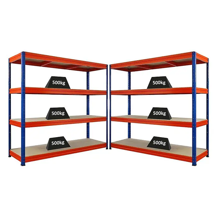 Mega Deal | 2x Schwerlastregal DINO | HxBxT 180x200x60cm | 4 Spanplatten-Ebenen 16mm | Fachlast 500kg | Blau/Orange - 