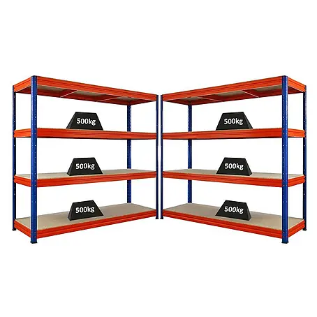 Mega Deal | 2x Schwerlastregal DINO | HxBxT 180x200x60cm | 4 Spanplatten-Ebenen 16mm | Fachlast 500kg | Blau/Orange