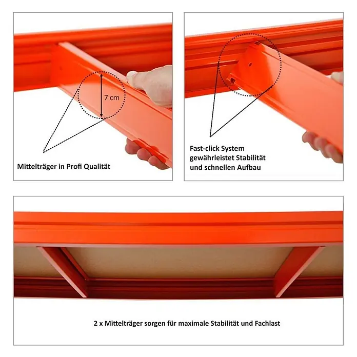 Mega Deal | 2x Schwerlastregal DINO | HxBxT 180x200x60cm | 4 Spanplatten-Ebenen 16mm | Fachlast 500kg | Blau/Orange - 