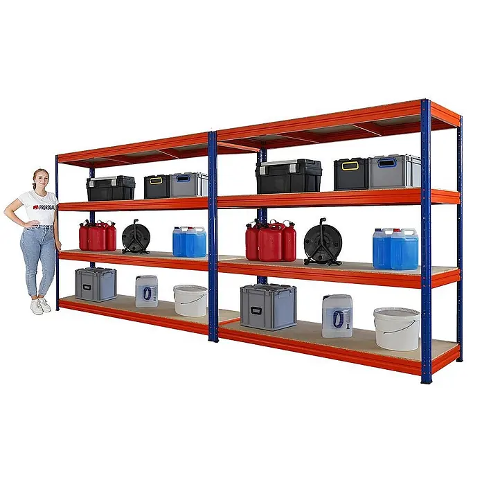 Mega Deal | 2x Schwerlastregal DINO | HxBxT 180x200x60cm | 4 Spanplatten-Ebenen 16mm | Fachlast 500kg | Blau/Orange - 