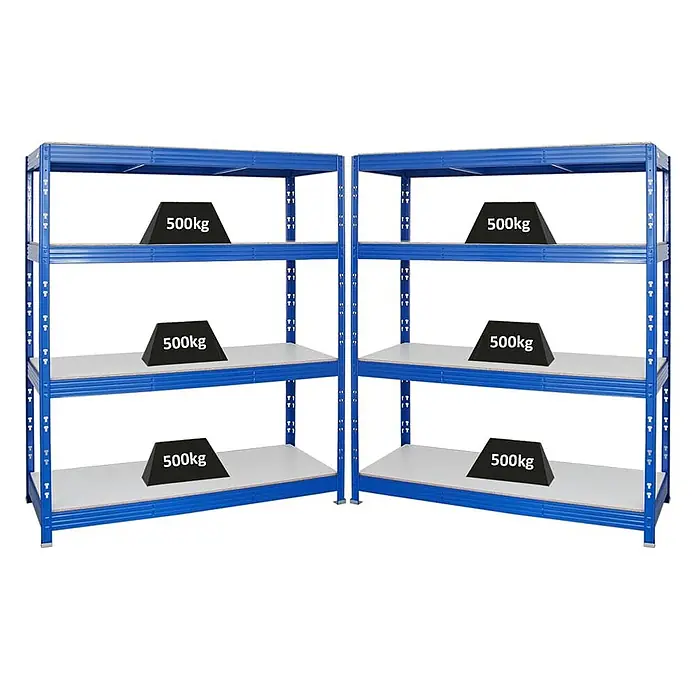 Set Deal 2x Profi Schwerlastregal Rhino 180x160x60cm 4 Böden 500kg Blau -  - Zwei blaue Metallregaleinheiten, jede mit drei 500kg-Gewichten auf ihren Böden.