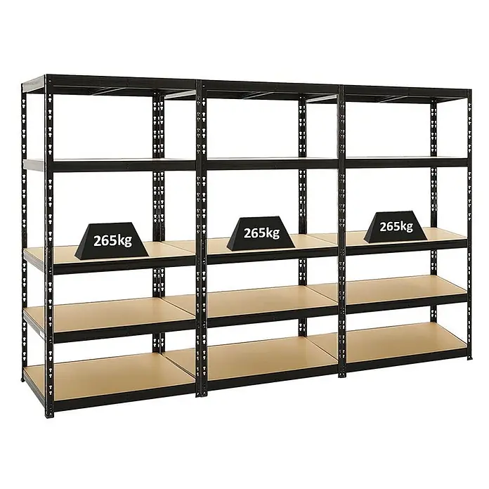 Set Deal 3x Schwerlastregal Tiger 180x90x60cm Fachlast 265kg Schwarz -  - Schwarzes Metall-Schwerlastregal mit drei Abschnitten und je vier hellbraunen Regalböden. Jeder Boden trägt bis zu 265kg.