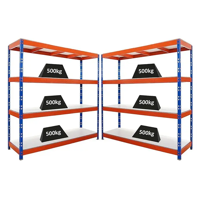 MegaDeal 2xProfi Schwerlastregal Rhino 200x200x60 4 Böden 500kg Blau-Orange -  - Zwei Schwerlast-Industrieregale mit blauen Rahmen und orangefarbenen Trägern, jedes mit drei Ablagen, die 500kg Gewichte halten.