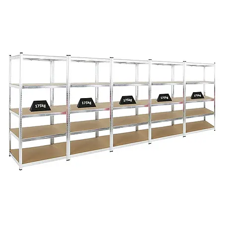 Mega Deal | 5x Schwerlastregal Ragnar | HxBxT 180x90x60cm | 5 MDF-Platten-Ebenen | Fachlast 175kg | Verzinkt