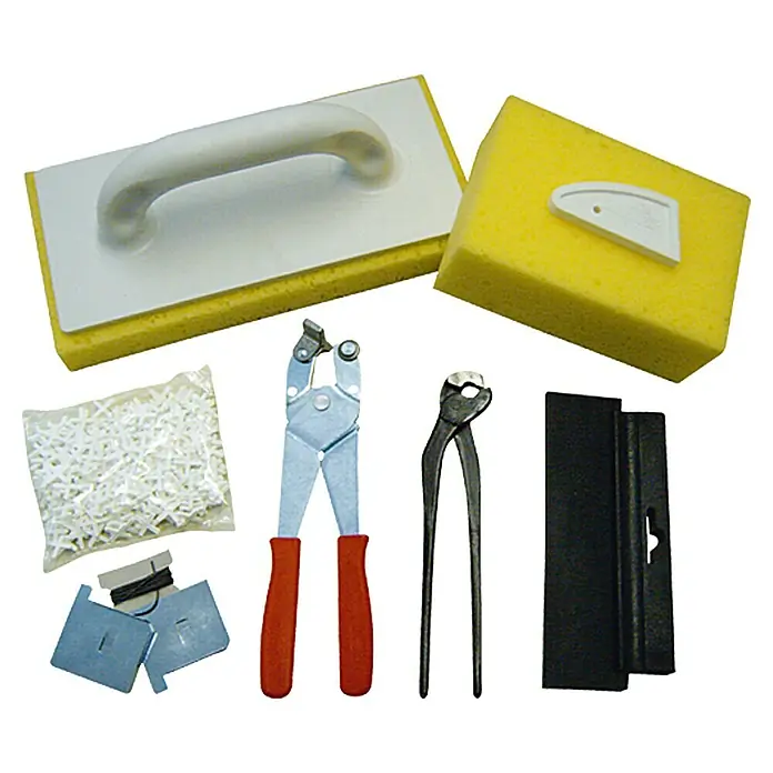 Fliesenleger-Set - 9 -tlg. - Fliesenleger-Werkzeugset mit Schwammbrett, Fliesenzange, Keilen und Reinigungsschaber für perfekte Fliesenergebnisse.