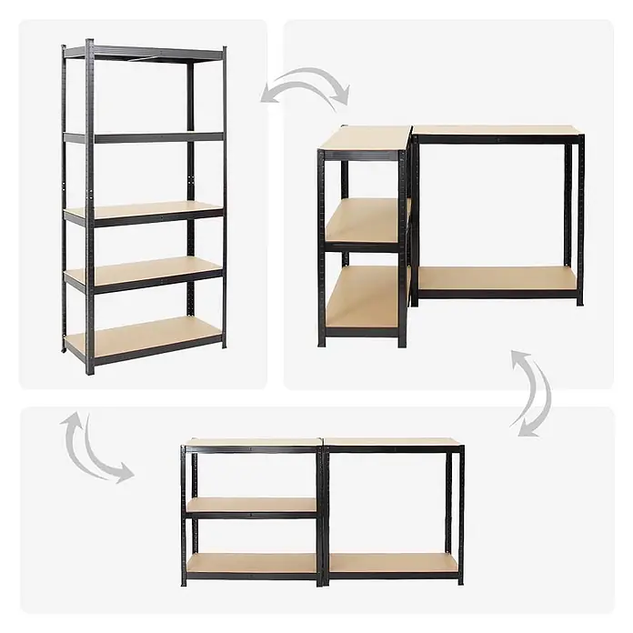 Set Deal 3x Schwerlastregal Ragnar 180x90x40cm 5 MDF-Ebenen 175kg Schwarz -  - Schwarzes Metallregal mit hellbraunen Böden, umbaubar von einem hohen 5-etagigen Regal zu zwei kürzeren Einheiten.