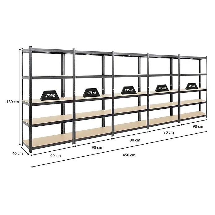 Mega Deal | 5x Schwerlastregal Ragnar | HxBxT 180x90x40cm | 5 MDF-Platten-Ebenen | Fachlast 175kg | Schwarz - 
