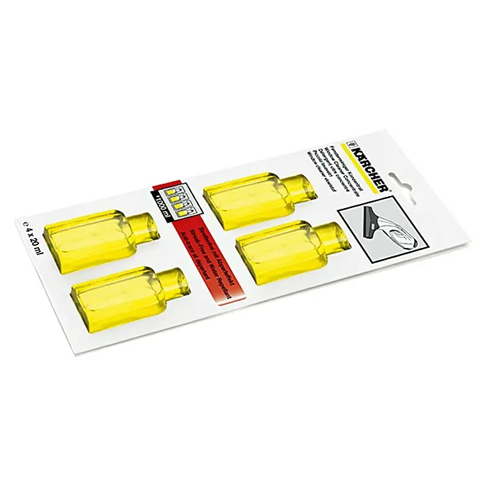 Kärcher Glasreiniger-Konzentrat - 4 Stk. - Abbildung einer Kärcher Fensterreiniger Konzentrat Packung mit vier einzelnen Reinigungsmittel-Behältern für streifenfreie Sauberkeit.