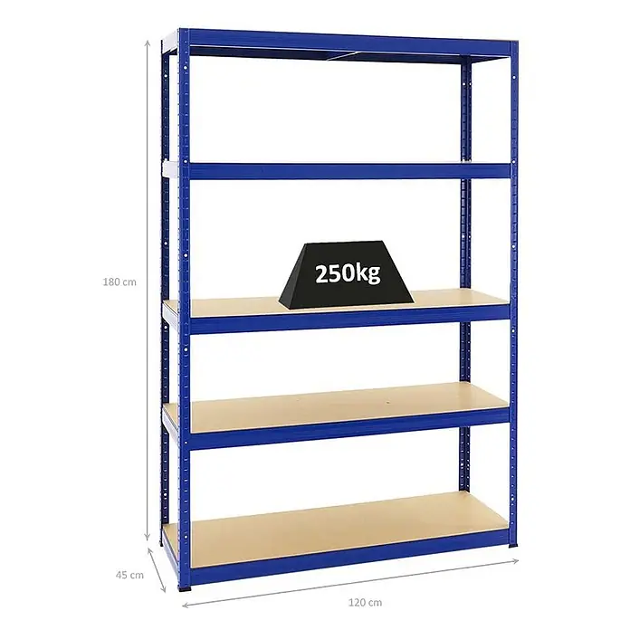 Proregal Schwerlastregal Big Elephant S - H x B x T: 180 x 120 x 45 cm, Traglast pro Boden: 250 kg, Anzahl Böden: 5 Stk., Stecken, Blau